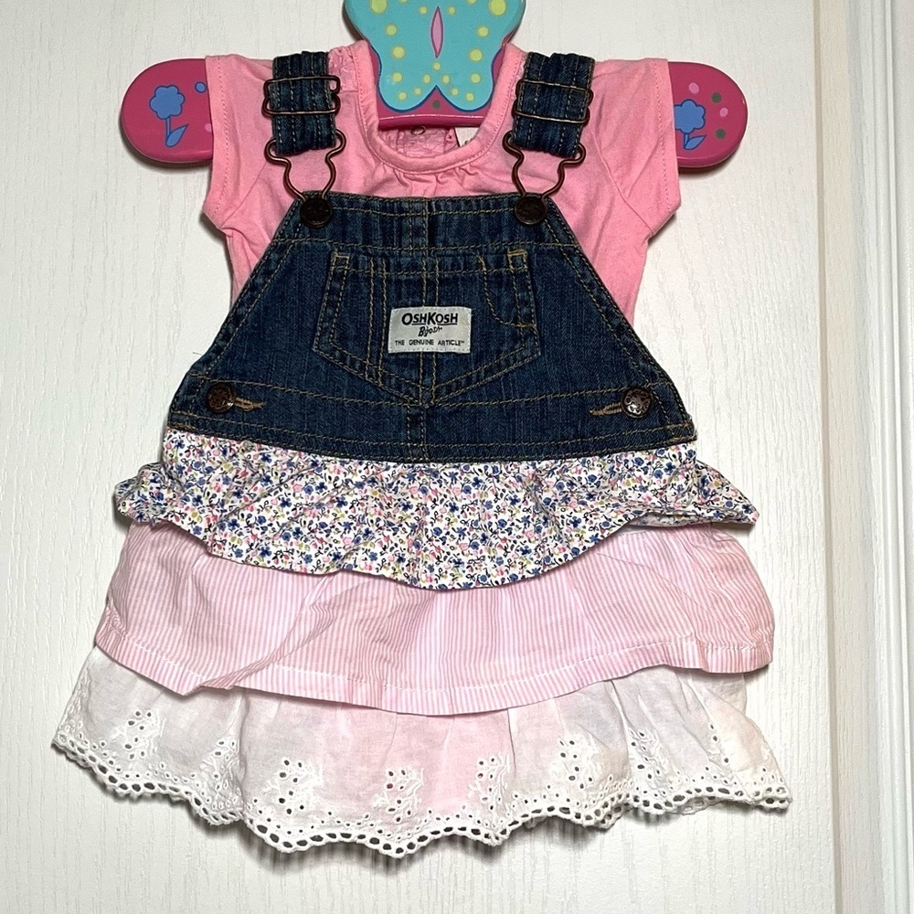 OshKosh B'gosh Vintage Tiered Denim Overall Dress Set 6M Eyelet Lace Retro Baby